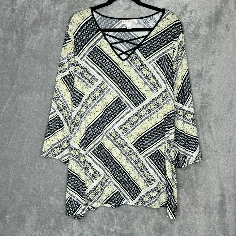 Emaline 2X Shirt Top Yellow Paisley Striped 3/4 Sleeve Criss Cross V Neck Womens